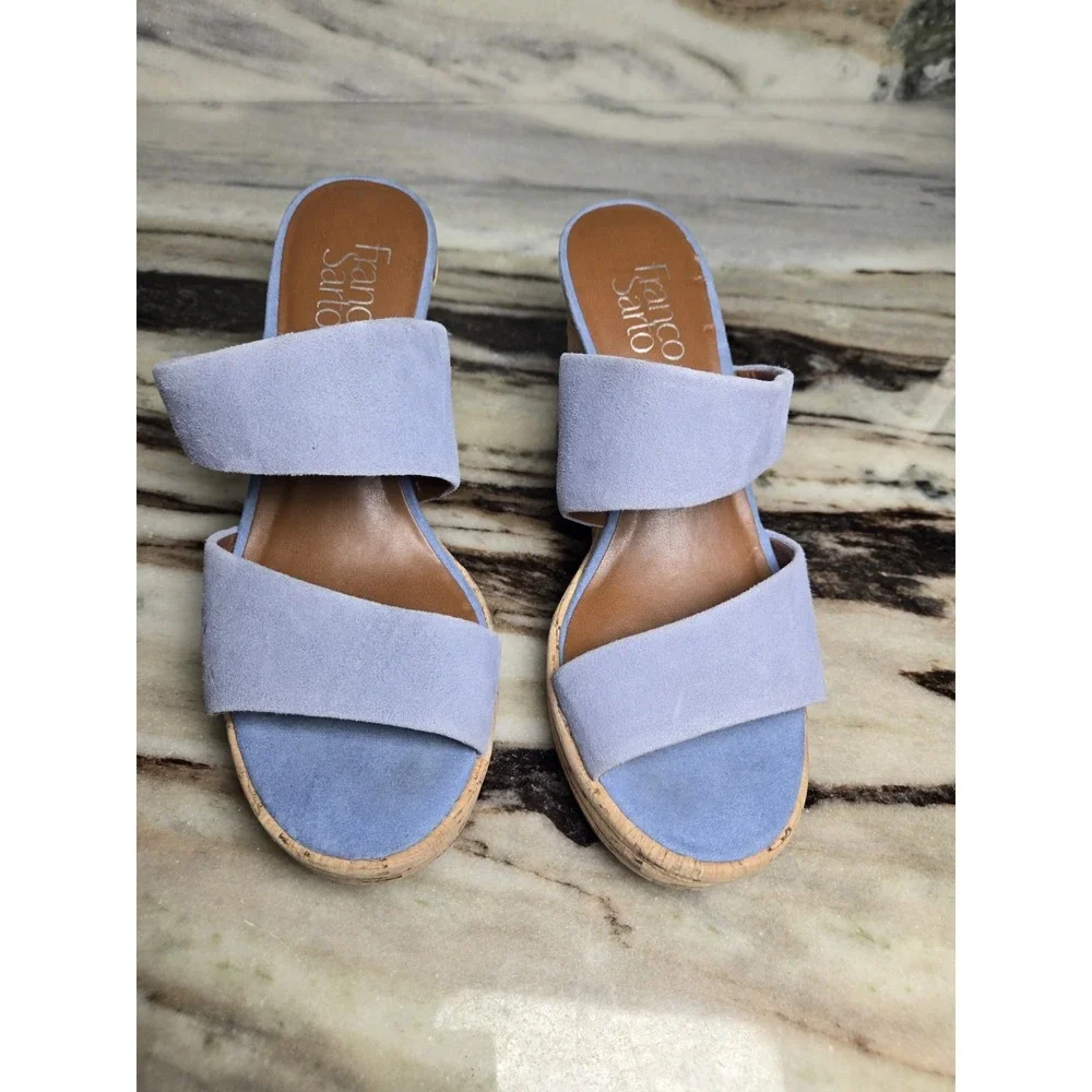 FRANCO SARTO Size 7.5 Light Blue Leather Wedge Heel Sandal Shoes‎ Cork